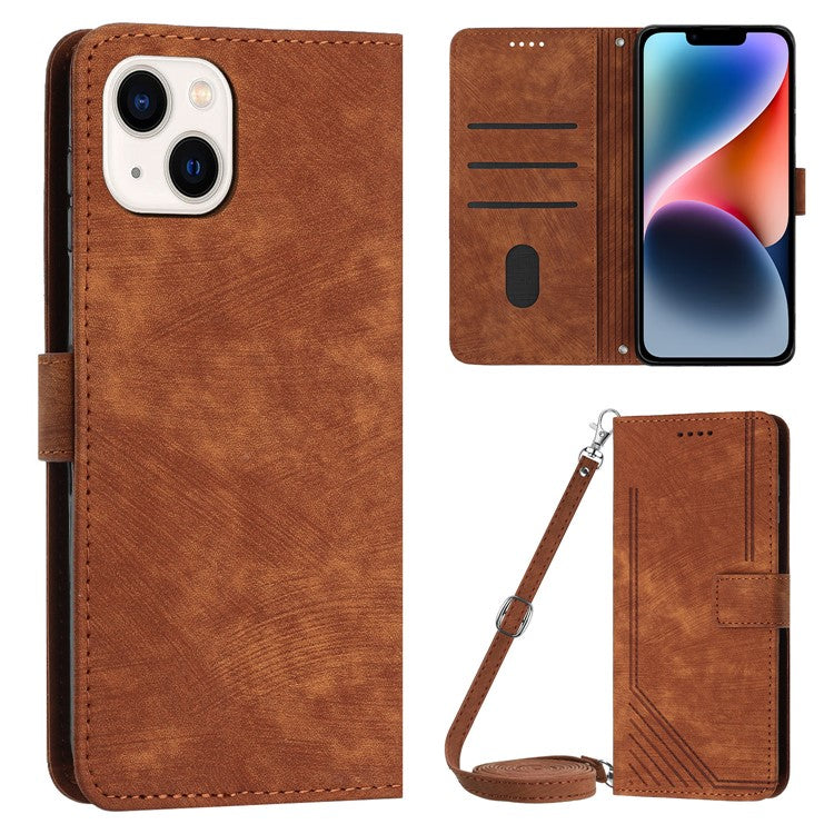 For iPhone 14 / 13 6.1 inch PU Leather Phone Case Stand Lines Imprinted Skin-touch Wallet Cover - Brown