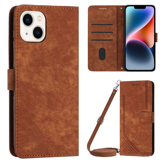 For iPhone 14 / 13 6.1 inch PU Leather Phone Case Stand Lines Imprinted Skin-touch Wallet Cover - Brown