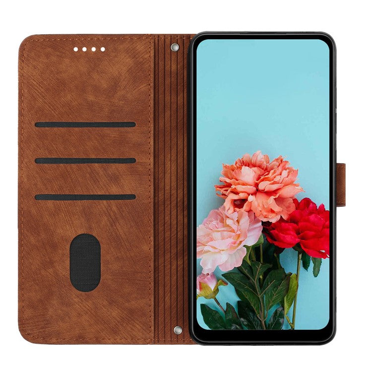 For iPhone 14 / 13 6.1 inch PU Leather Phone Case Stand Lines Imprinted Skin-touch Wallet Cover - Brown