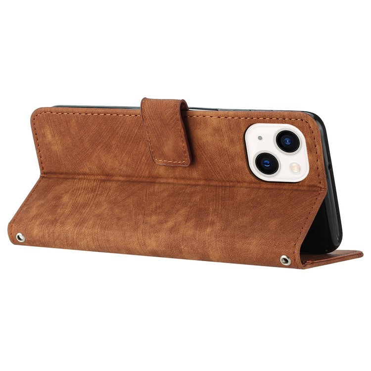 For iPhone 14 / 13 6.1 inch PU Leather Phone Case Stand Lines Imprinted Skin-touch Wallet Cover - Brown