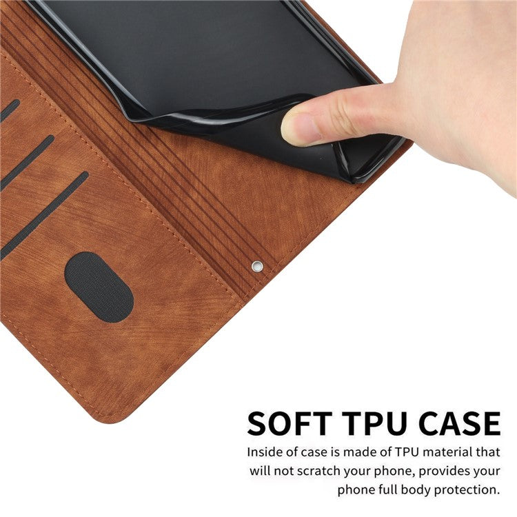 For iPhone 14 / 13 6.1 inch PU Leather Phone Case Stand Lines Imprinted Skin-touch Wallet Cover - Brown