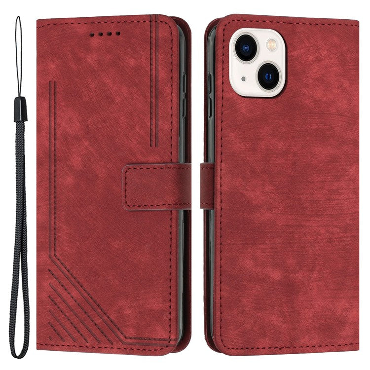 For iPhone 14 Plus PU Leather Phone Stand Case Skin-touch Wallet Lines Imprinted Cover - Red
