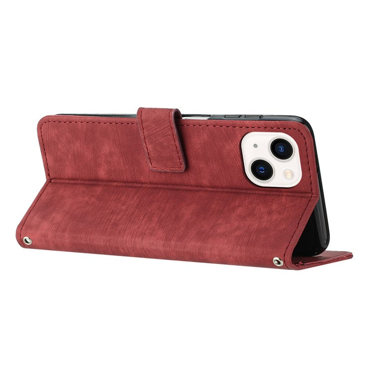 For iPhone 14 Plus PU Leather Phone Stand Case Skin-touch Wallet Lines Imprinted Cover - Red