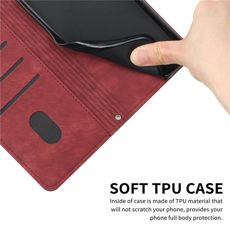 For iPhone 14 Plus PU Leather Phone Stand Case Skin-touch Wallet Lines Imprinted Cover - Red
