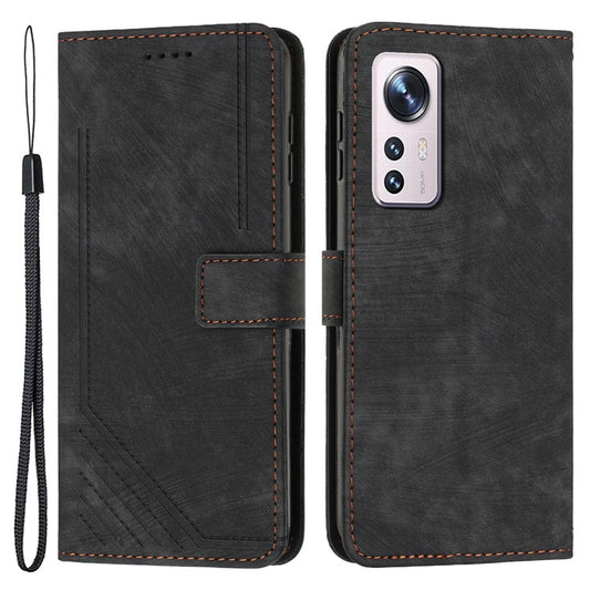 or Xiaomi 12 Lite 5G Skin-touch Lines Imprint Phone Case Leather Wallet Flip Stand Mobile Cover - Black