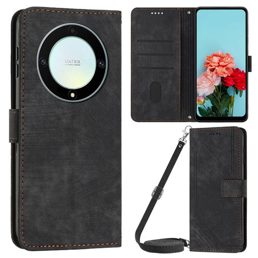 For Honor X9a 5G / X40 5G / Magic5 Lite 5G Wallet Leather Phone Cover Lines Imprinted Stand Case with Straps - Black