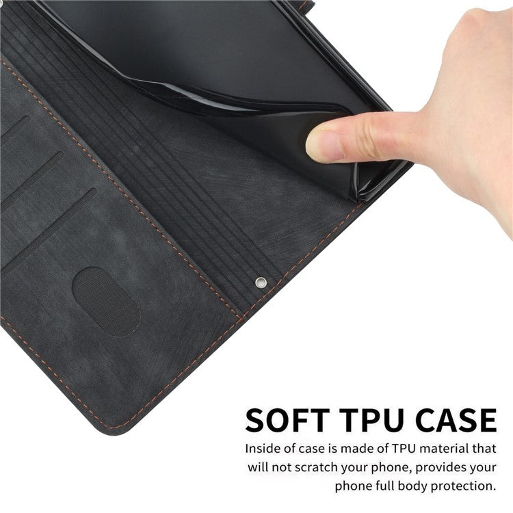 For Honor X9a 5G / X40 5G / Magic5 Lite 5G Wallet Leather Phone Cover Lines Imprinted Stand Case with Straps - Black