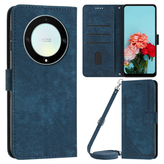 For Honor X9a 5G / X40 5G / Magic5 Lite 5G Wallet Leather Phone Cover Lines Imprinted Stand Case with Straps - Sapphire