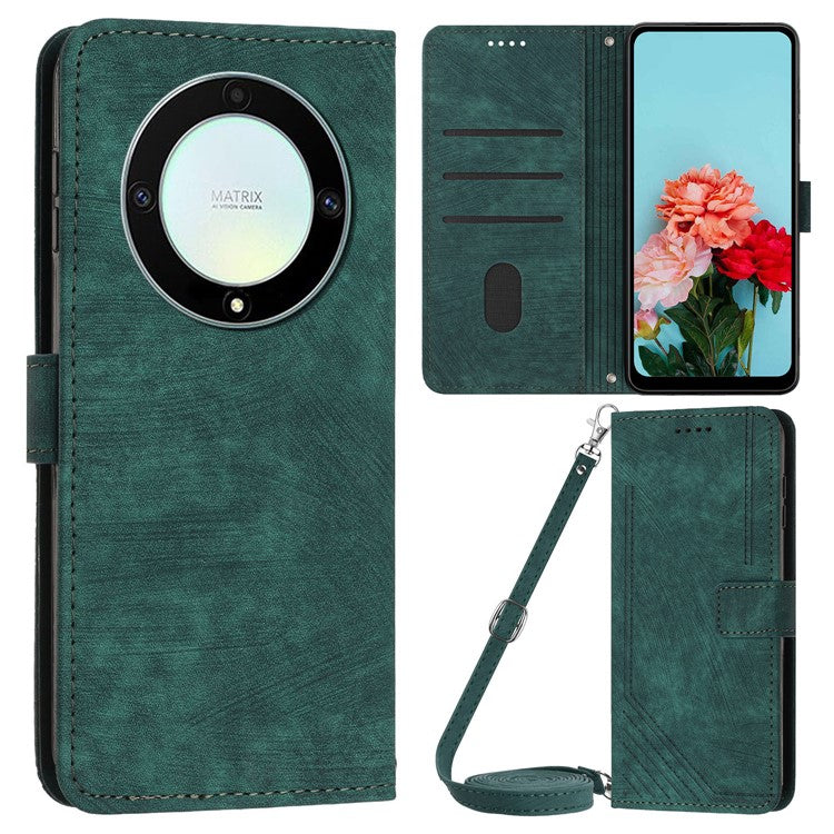 For Honor X9a 5G / X40 5G / Magic5 Lite 5G Wallet Leather Phone Cover Lines Imprinted Stand Case with Straps - Green