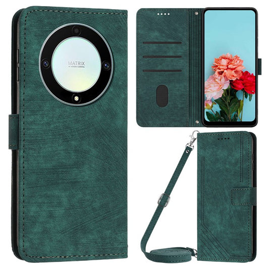 For Honor X9a 5G / X40 5G / Magic5 Lite 5G Wallet Leather Phone Cover Lines Imprinted Stand Case with Straps - Green