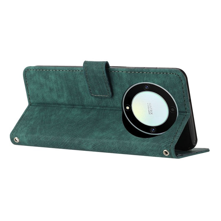 For Honor X9a 5G / X40 5G / Magic5 Lite 5G Wallet Leather Phone Cover Lines Imprinted Stand Case with Straps - Green