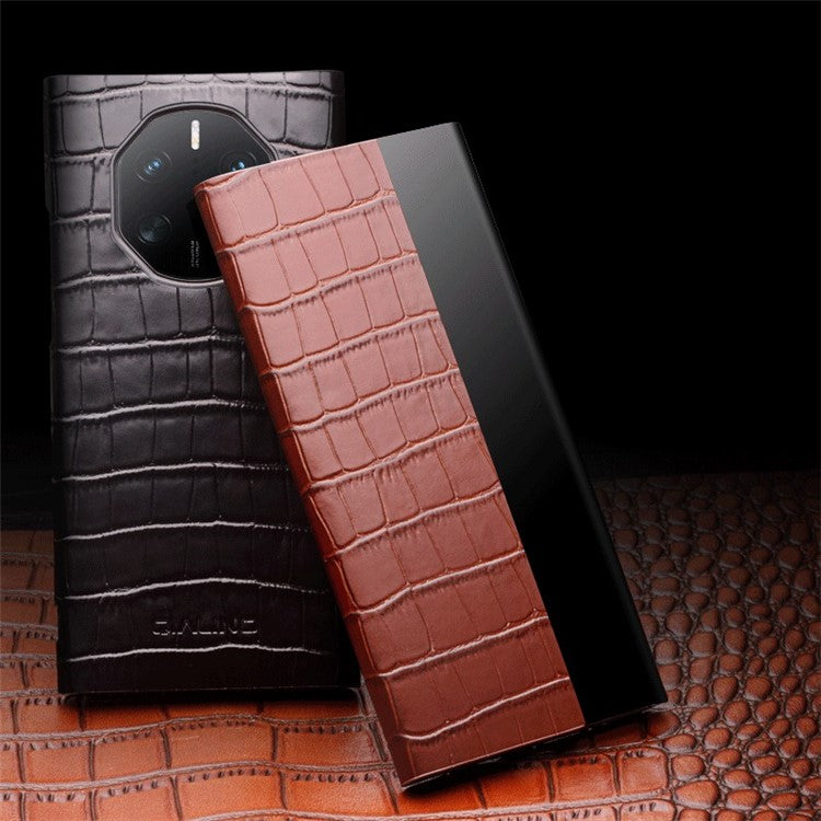 QIALINO Anti-Drop Phone Case for Huawei Mate 50 RS Porsche Design 4G Genuine Cow Leather PC Cover - Black