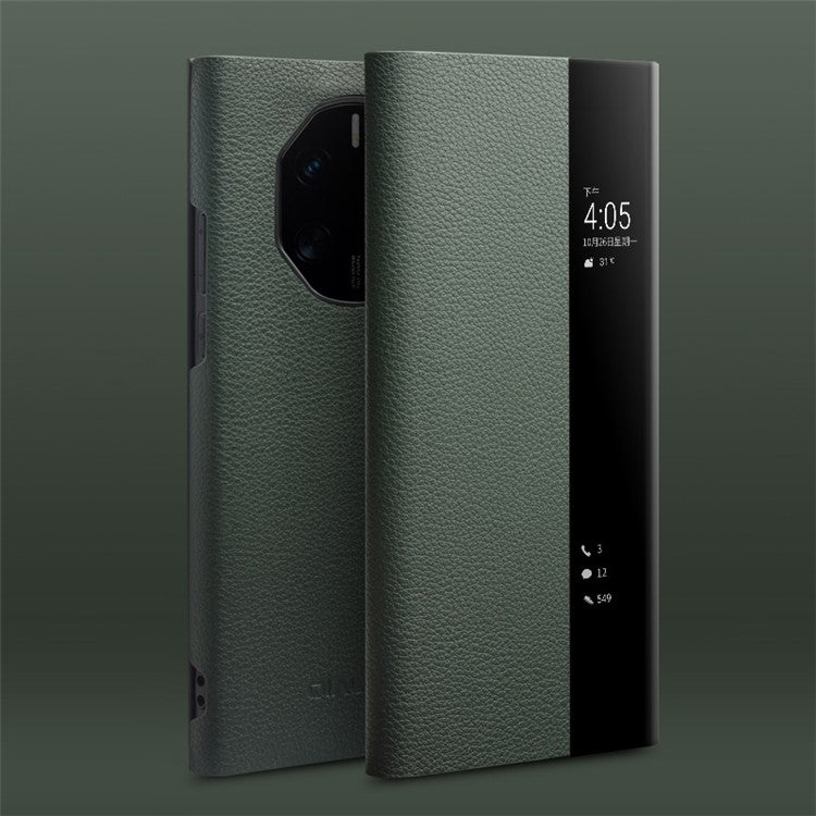 QIALINO Phone Case for Huawei Mate 50 RS Porsche Design 4G Cowhide Leather PC Cover Anti-Drop Shockproof Case - Green