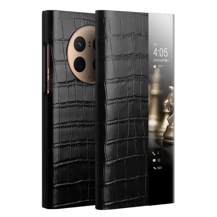 QIALINO For Huawei Mate 50 Pro 4G View Window Phone Case Genuine Cow Leather PC Phone Cover - Black
