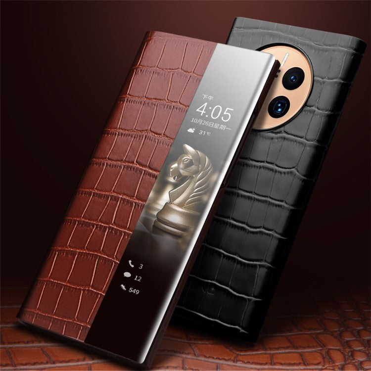 QIALINO For Huawei Mate 50 Pro 4G View Window Phone Case Genuine Cow Leather PC Phone Cover - Black