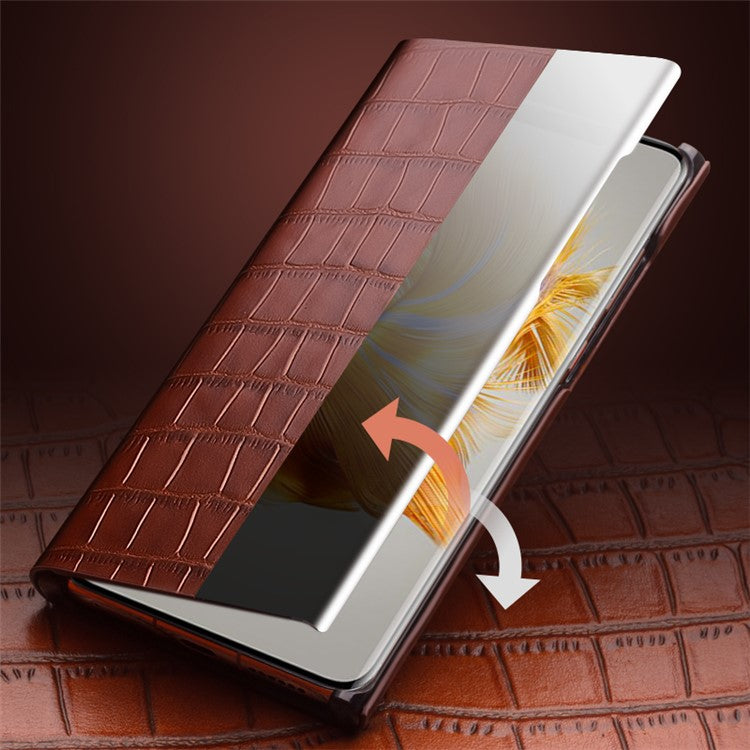 QIALINO For Huawei Mate 50 Pro 4G View Window Phone Case Genuine Cow Leather PC Phone Cover - Black