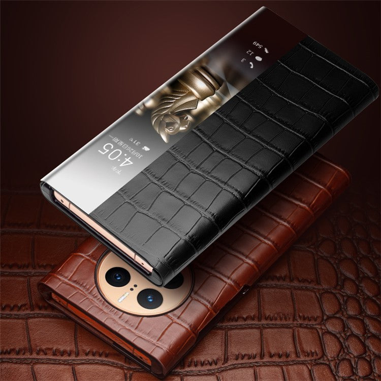 QIALINO For Huawei Mate 50 Pro 4G View Window Phone Case Genuine Cow Leather PC Phone Cover - Black