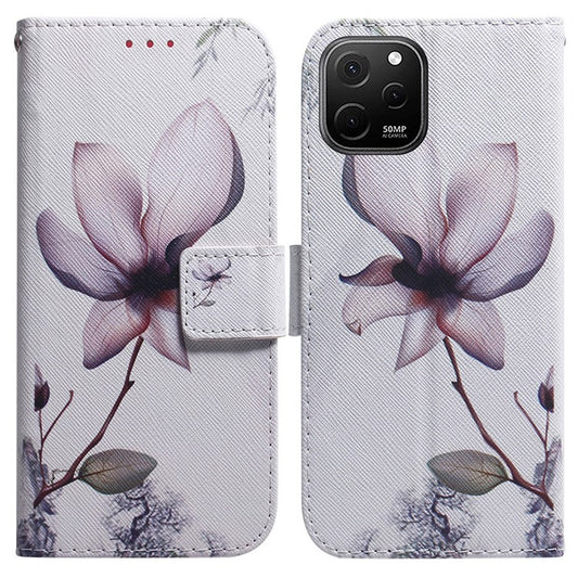 Anti-Drop Cover for Huawei nova Y61 4G / Enjoy 50z 4G PU Leather Pattern Printing Phone Case Wallet Stand Shell - Pink Flower