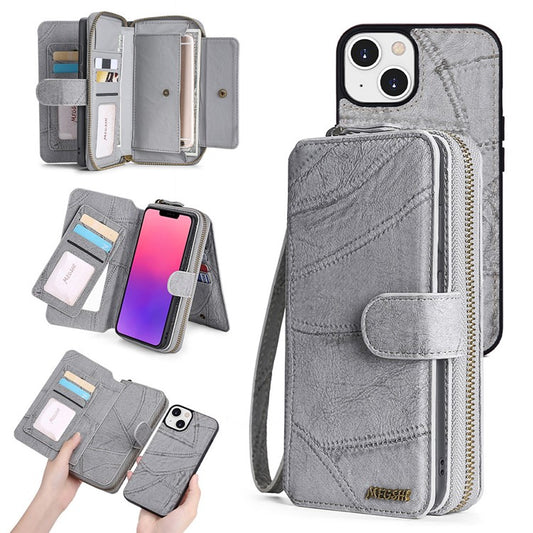 MEGSHI 004 Series Detachable Zipper Wallet Leather Case for iPhone 14 Anti-drop Stand Phone Cover - Grey
