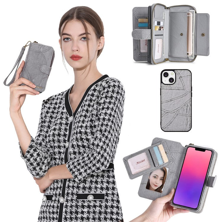 MEGSHI 004 Series Detachable Zipper Wallet Leather Case for iPhone 14 Anti-drop Stand Phone Cover - Grey