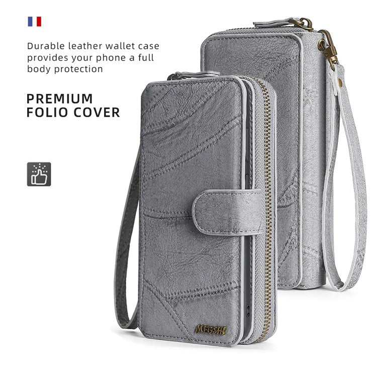 MEGSHI 004 Series Detachable Zipper Wallet Leather Case for iPhone 14 Anti-drop Stand Phone Cover - Grey