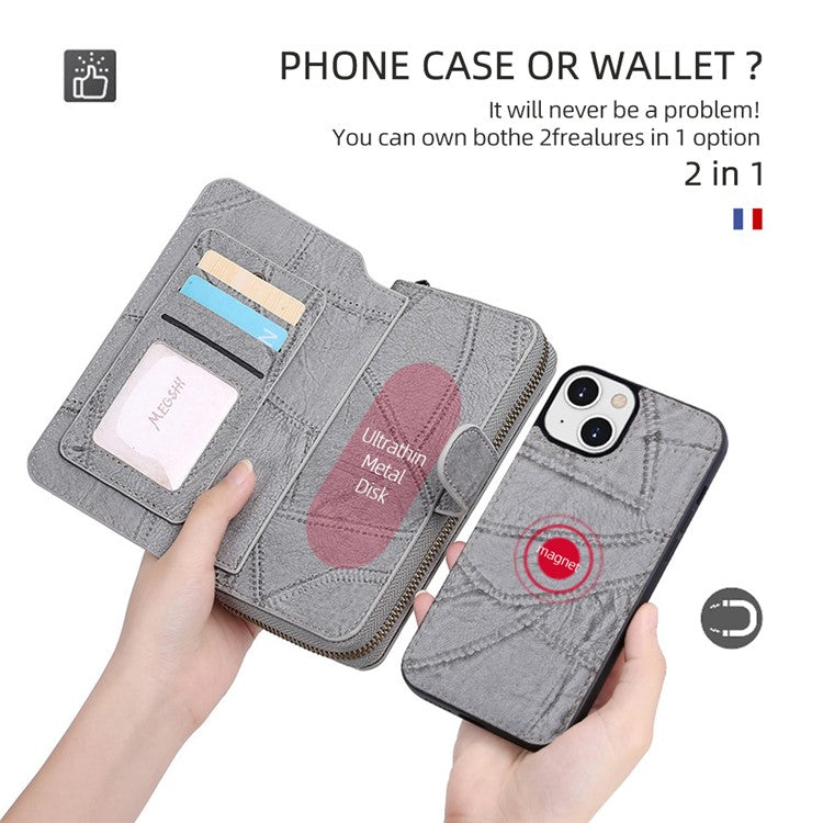 MEGSHI 004 Series Detachable Zipper Wallet Leather Case for iPhone 14 Anti-drop Stand Phone Cover - Grey