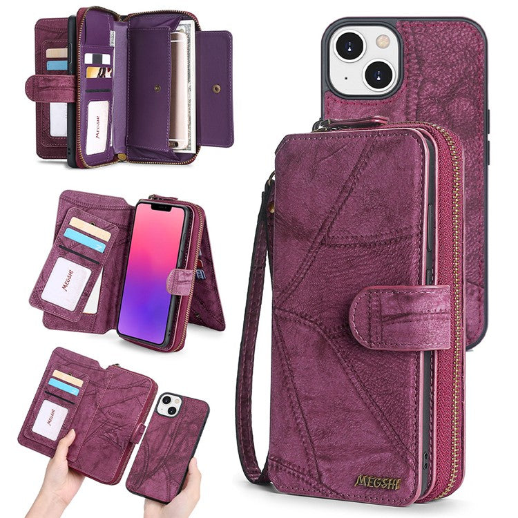 MEGSHI 004 Series Detachable Zipper Wallet Leather Case for iPhone 14 Anti-drop Stand Phone Cover - Wine Red