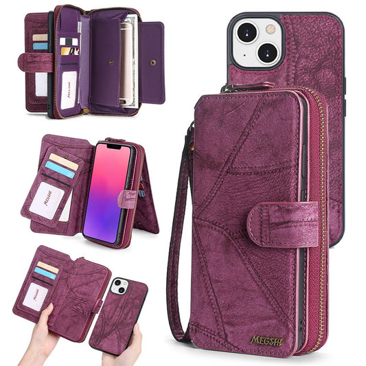 MEGSHI 004 Series Detachable Zipper Wallet Leather Case for iPhone 14 Anti-drop Stand Phone Cover - Wine Red