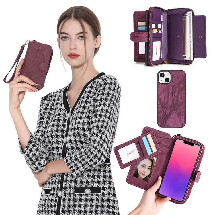 MEGSHI 004 Series Detachable Zipper Wallet Leather Case for iPhone 14 Anti-drop Stand Phone Cover - Wine Red