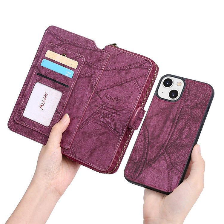 MEGSHI 004 Series Detachable Zipper Wallet Leather Case for iPhone 14 Anti-drop Stand Phone Cover - Wine Red