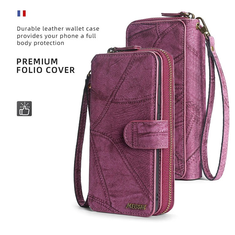 MEGSHI 004 Series Detachable Zipper Wallet Leather Case for iPhone 14 Anti-drop Stand Phone Cover - Wine Red
