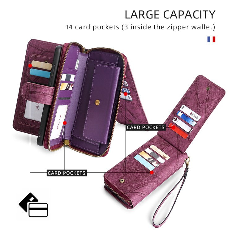 MEGSHI 004 Series Detachable Zipper Wallet Leather Case for iPhone 14 Anti-drop Stand Phone Cover - Wine Red
