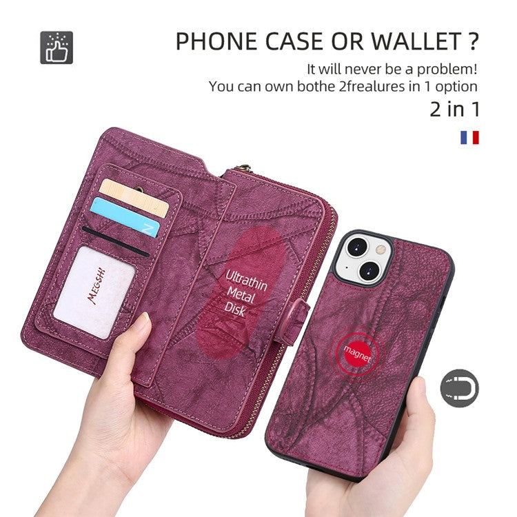 MEGSHI 004 Series Detachable Zipper Wallet Leather Case for iPhone 14 Anti-drop Stand Phone Cover - Wine Red