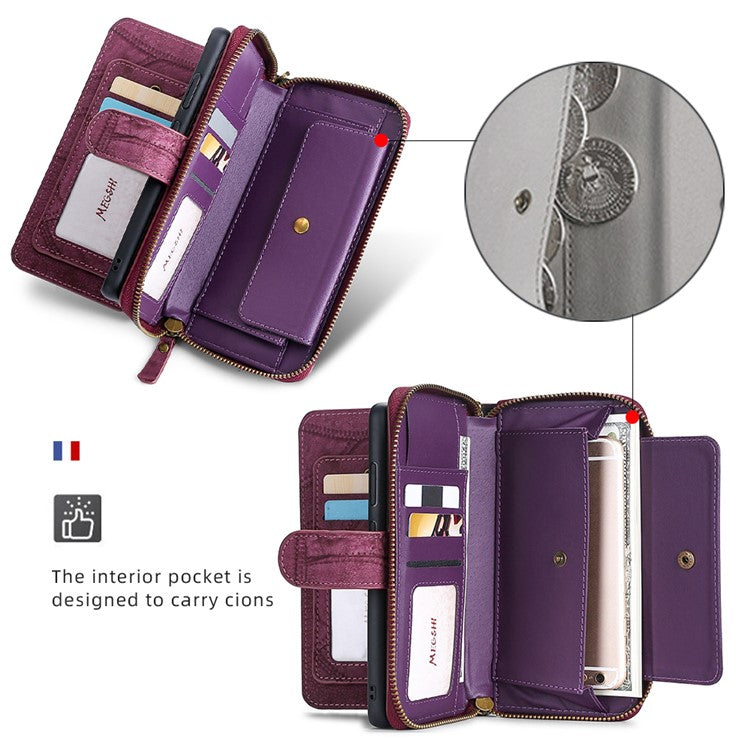 MEGSHI 004 Series Detachable Zipper Wallet Leather Case for iPhone 14 Anti-drop Stand Phone Cover - Wine Red