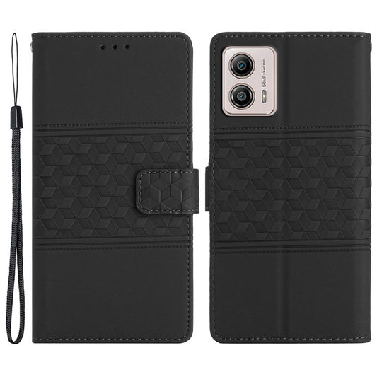 PU Leather Stand Case for Motorola Moto G73 5G , Wallet Imprinted Rhombus Cell Phone Cover - Black