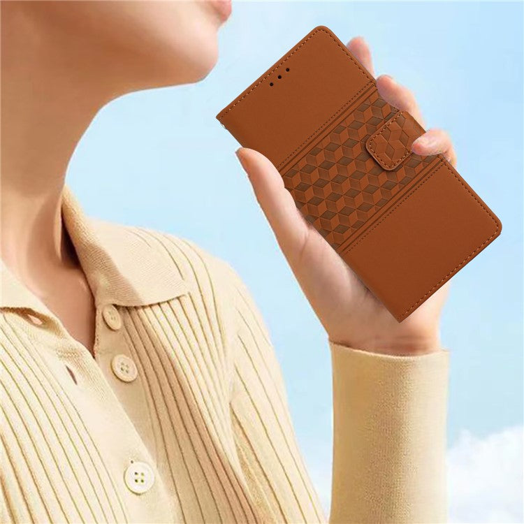 PU Leather Stand Case for Motorola Moto G73 5G , Wallet Imprinted Rhombus Cell Phone Cover - Brown