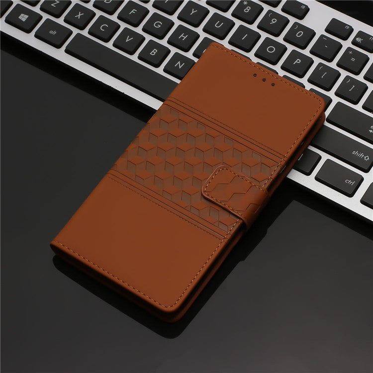 PU Leather Stand Case for Motorola Moto G73 5G , Wallet Imprinted Rhombus Cell Phone Cover - Brown