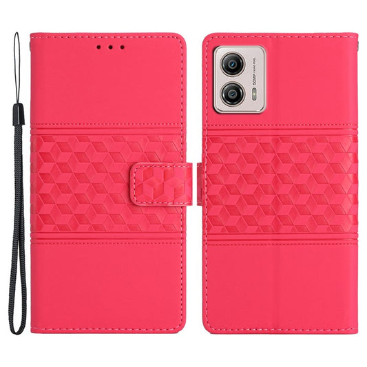 PU Leather Stand Case for Motorola Moto G73 5G , Wallet Imprinted Rhombus Cell Phone Cover - Rose