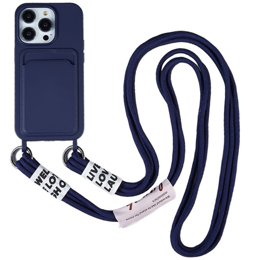 Protective Case for iPhone 14 Pro Anti-Drop Liquid Silicone Phone Cover with Card Slot, Strap - Dark Blue
