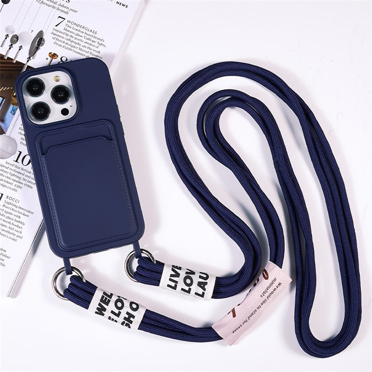 Protective Case for iPhone 14 Pro Anti-Drop Liquid Silicone Phone Cover with Card Slot, Strap - Dark Blue