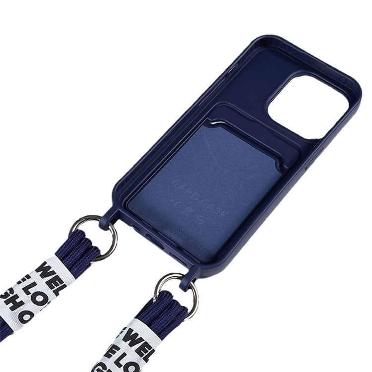 Protective Case for iPhone 14 Pro Anti-Drop Liquid Silicone Phone Cover with Card Slot, Strap - Dark Blue