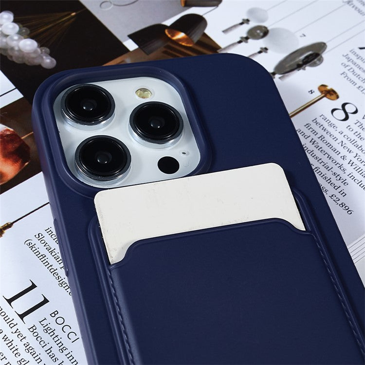 Protective Case for iPhone 14 Pro Anti-Drop Liquid Silicone Phone Cover with Card Slot, Strap - Dark Blue