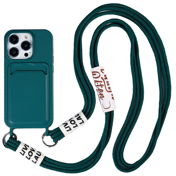 Protective Case for iPhone 14 Pro Max Liquid Silicone Slim Case Card Slot Phone Cover with Strap - Midnight Green