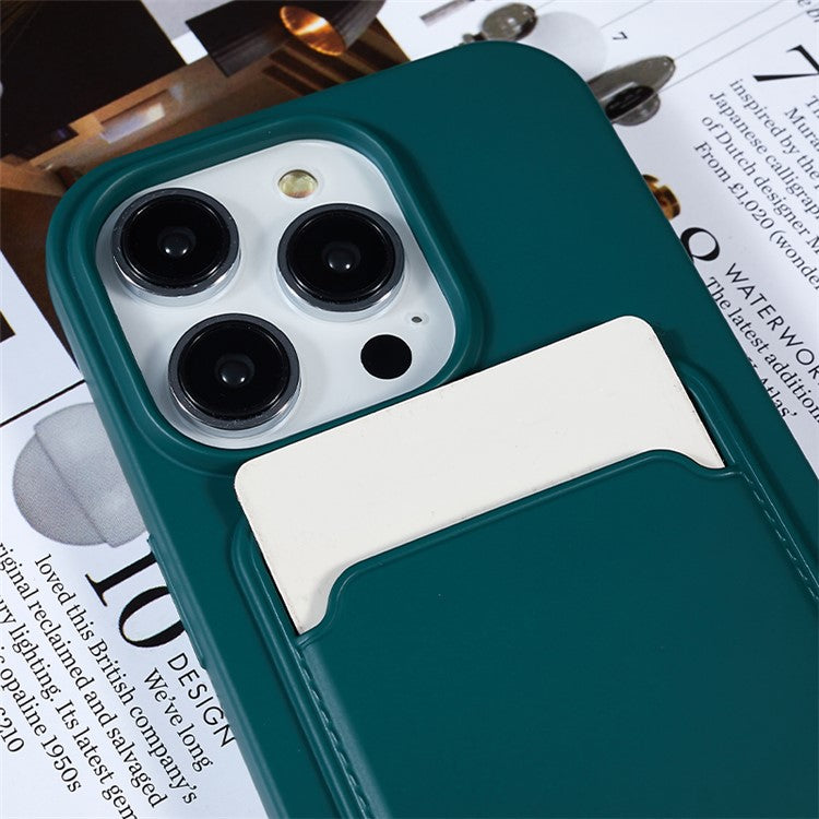 Protective Case for iPhone 14 Pro Max Liquid Silicone Slim Case Card Slot Phone Cover with Strap - Midnight Green