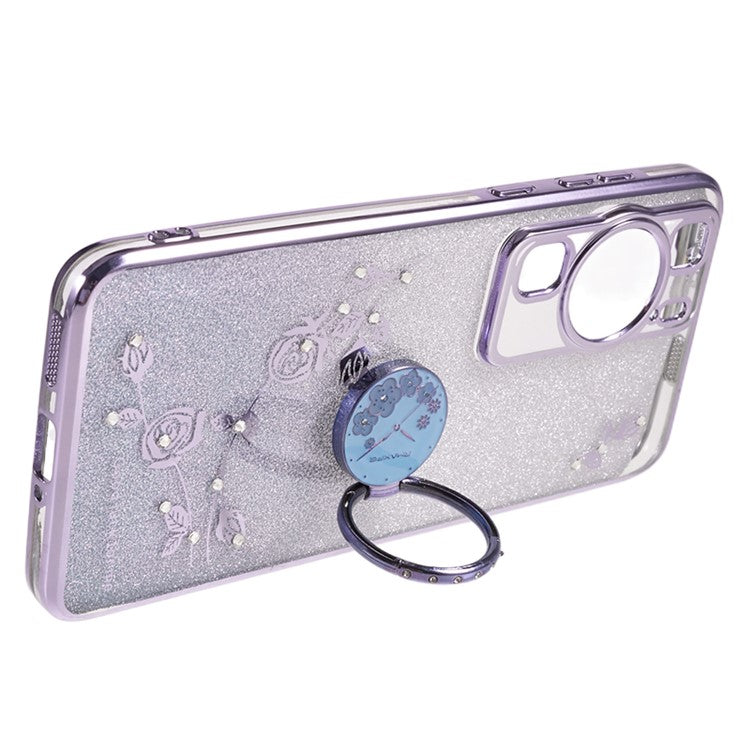 KADEM For Huawei P60 Flower Pattern Kickstand TPU Case Rhinestone Gradient Glitter TPU Cover - Purple
