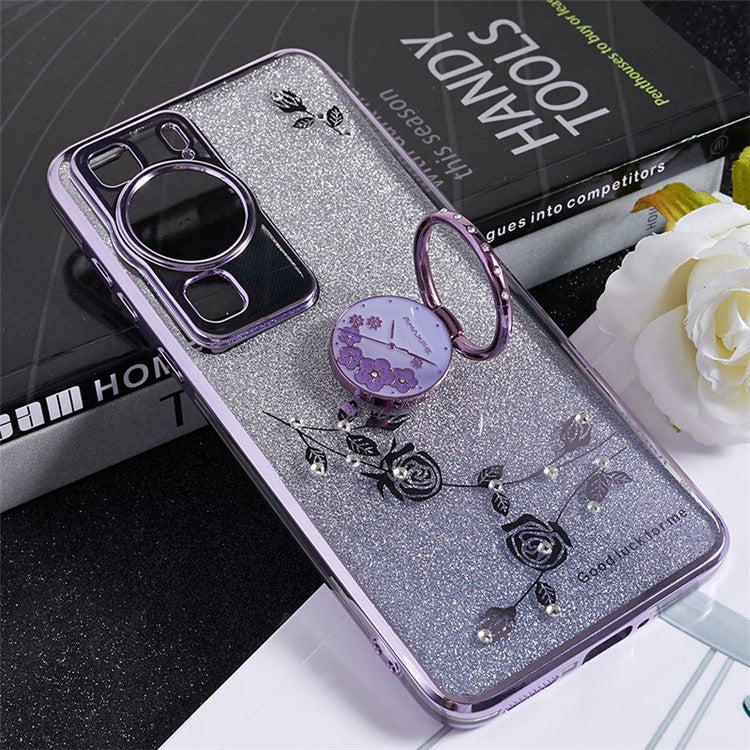KADEM For Huawei P60 Flower Pattern Kickstand TPU Case Rhinestone Gradient Glitter TPU Cover - Purple
