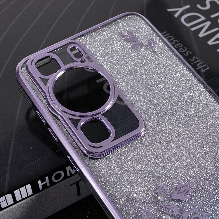 KADEM For Huawei P60 Flower Pattern Kickstand TPU Case Rhinestone Gradient Glitter TPU Cover - Purple