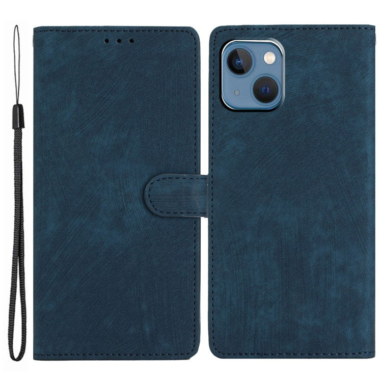 Wallet Shell for iPhone 14 Solid Color Skin-touch PU Leather Anti-collision Stand Phone Case - Blue