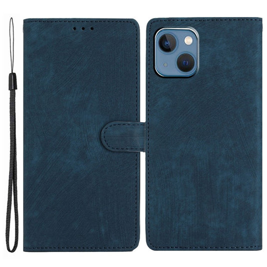 Wallet Shell for iPhone 14 Solid Color Skin-touch PU Leather Anti-collision Stand Phone Case - Blue