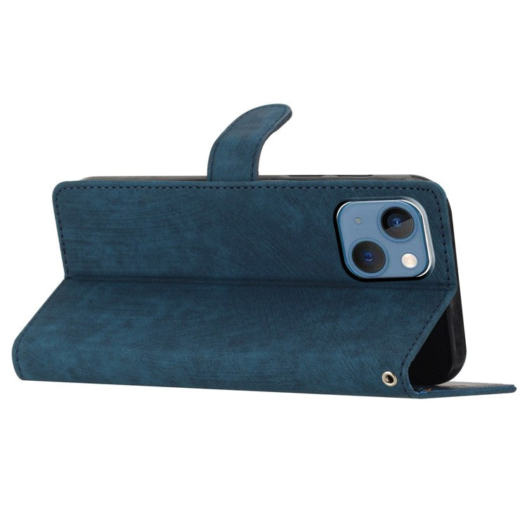 Wallet Shell for iPhone 14 Solid Color Skin-touch PU Leather Anti-collision Stand Phone Case - Blue
